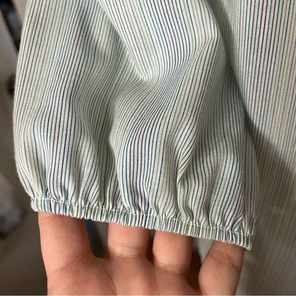 Vintage 70s Spare Parts Blue Green Pin Stripe Half Button Up 3/4 Sleeve Tunic - Picture 6 of 6